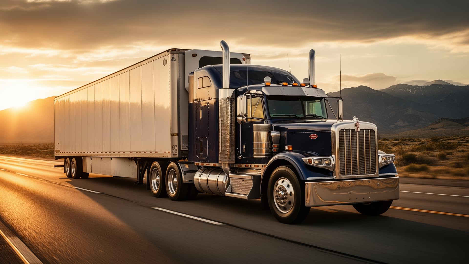 American Peterbilt semi-truck on US interstate at golden hour