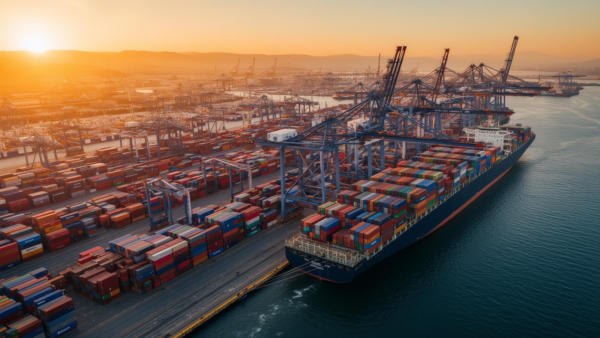 Container port at sunset